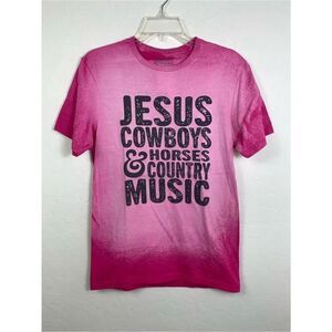 Pink Ombre Short Sleeve Tee with 'Jesus Cowboys & Horses Country Music'